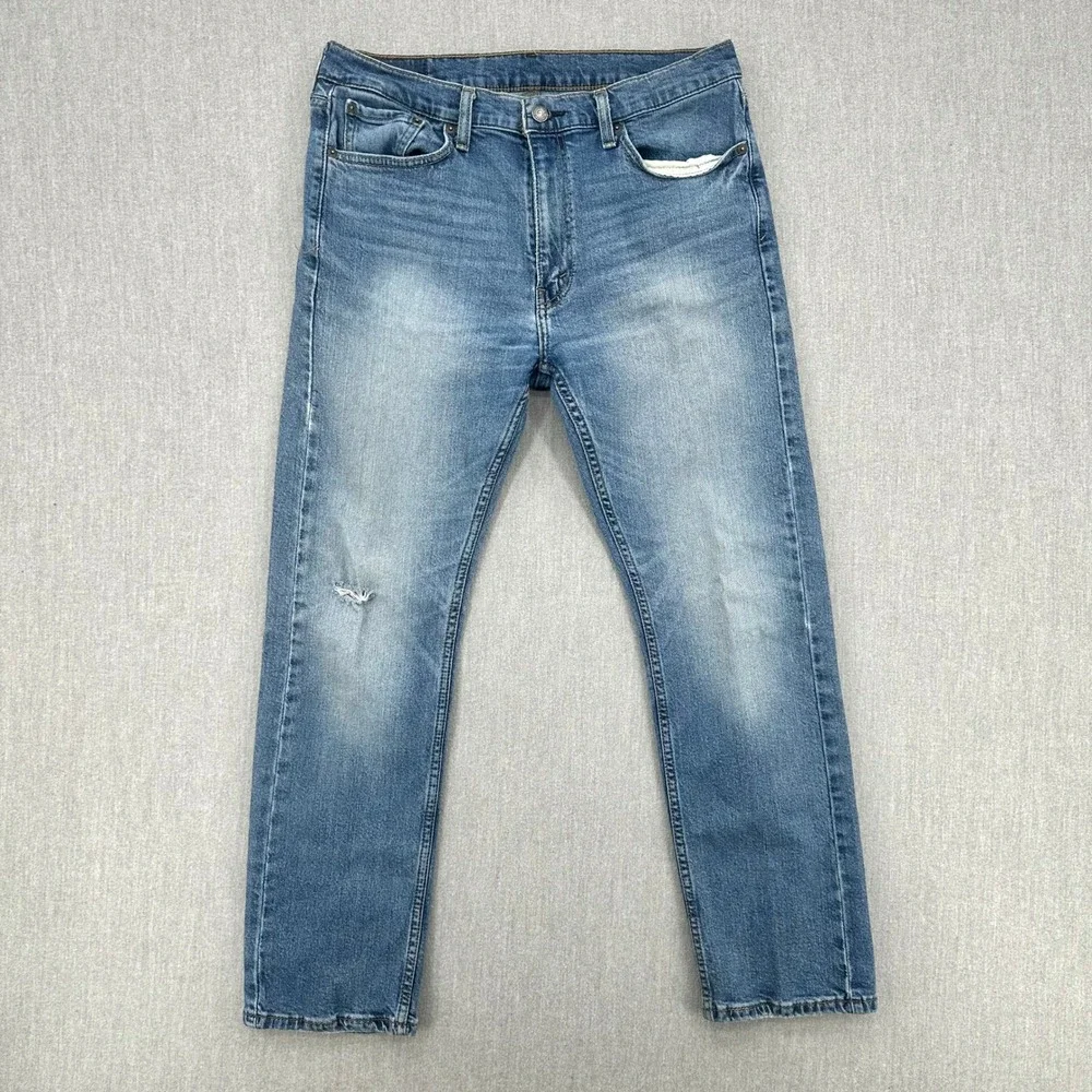 Levis 513 Slim‎ Straight Jeans Mens 33x30 Medium Wash Blue Denim Distressed